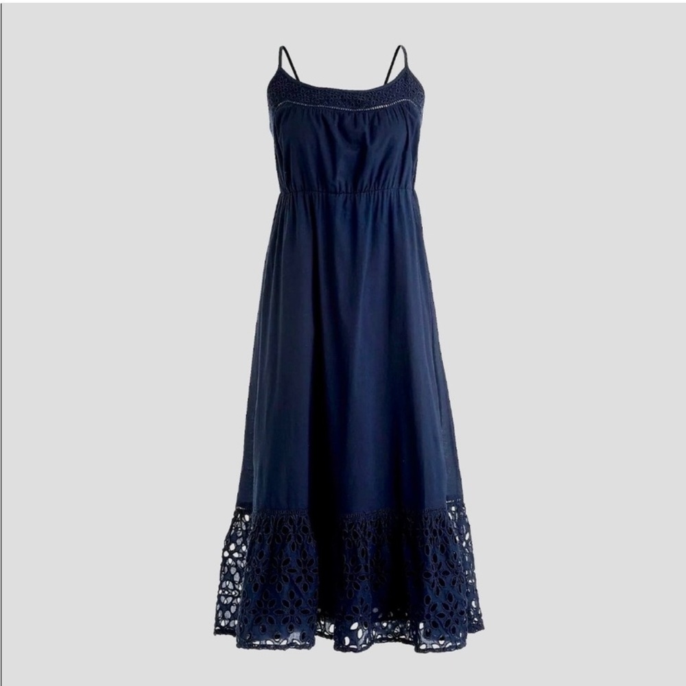 NWT J Crew navy blue, cotton, eyelet and lace midi dress, size small